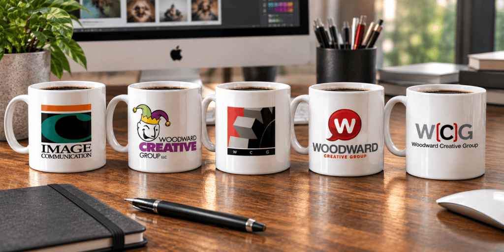 Brand refresh and rebrand examples showing logos through 30 years of Woodward Creative Group